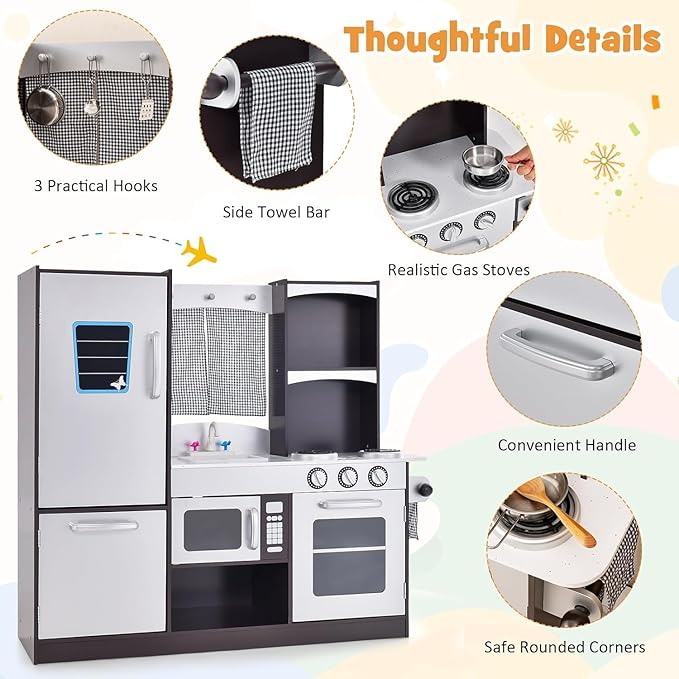 HOMGX Multi-Function Children's Kitchen Toy Set, Wooden Chef Pretend Toy Set w/Microwave, Stove, Sink, Faucet, Storage Cabinet & Shelf,Children's Play Kitchen for Boys & Girls Over 3 Years Old