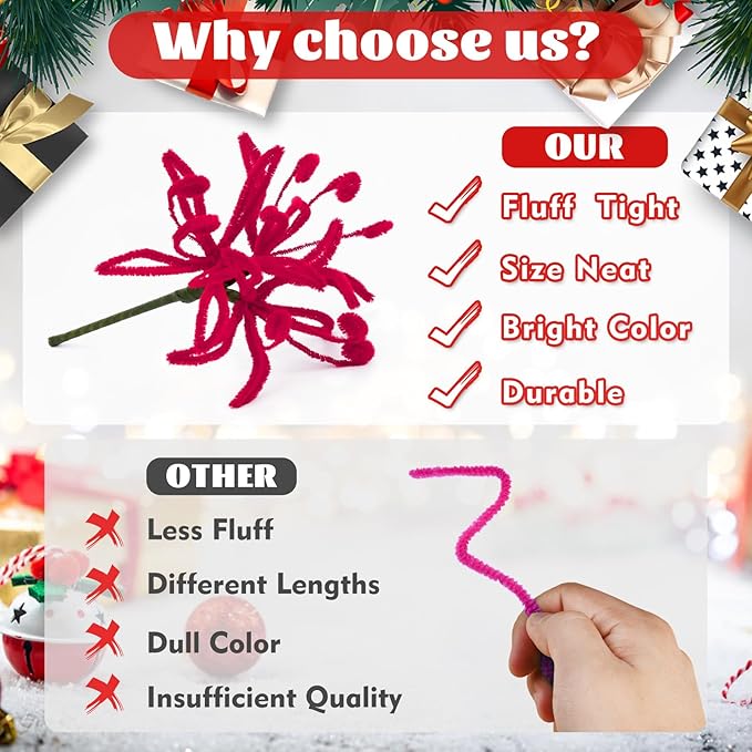 LOKUNN Pipe Cleaners, 200 Pcs Red Pipe Cleaners Craft Set, Solid Color Chenille Stems, DIY Arts and Crafts with Adhesive Eyes and Storage Box, Christmas Halloween Decoration Art Supplies