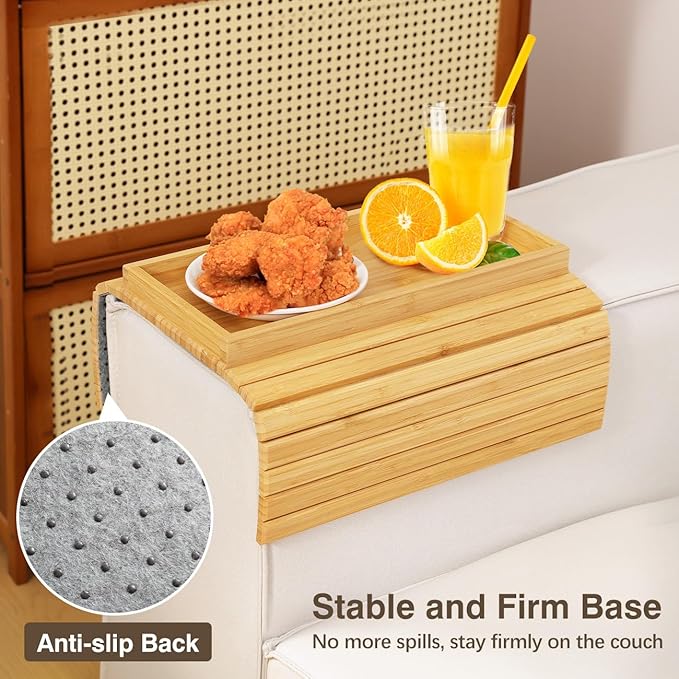 Couch Arm Tray, Bamboo Sofa Tray Table for Couch, Sofa Armrest Table, Anti-Slip Armrest Organizer, Foldable Couch Cup Holder for Snacks, Phone, Control, Cups, Natural