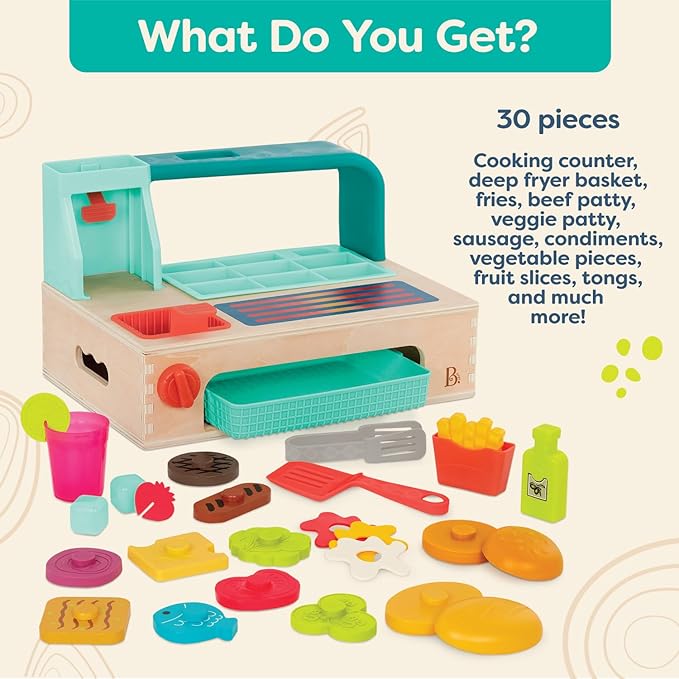 B. toys- Mini Chef - Build-a-Burger Playset- Pretend Play Wooden Burger Play Set – Play Food & Role-Play Accessories – Cooking Toys for Kids- 3 Years +