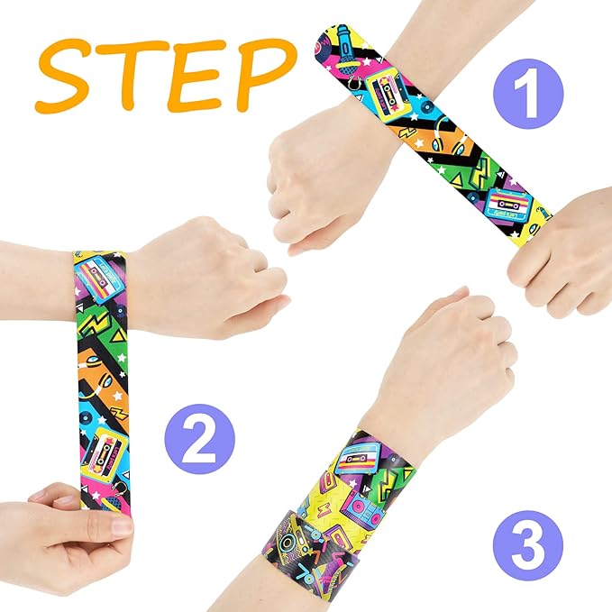 48PCS 80s 90s Party Favors Slap Bracelets,Back to 80s 90s Throwback Theme Party Decorations Slap Bracelets Wristband,For Kids Adults Classroom Prize Exchanging Birthday Party Decorations Supplies