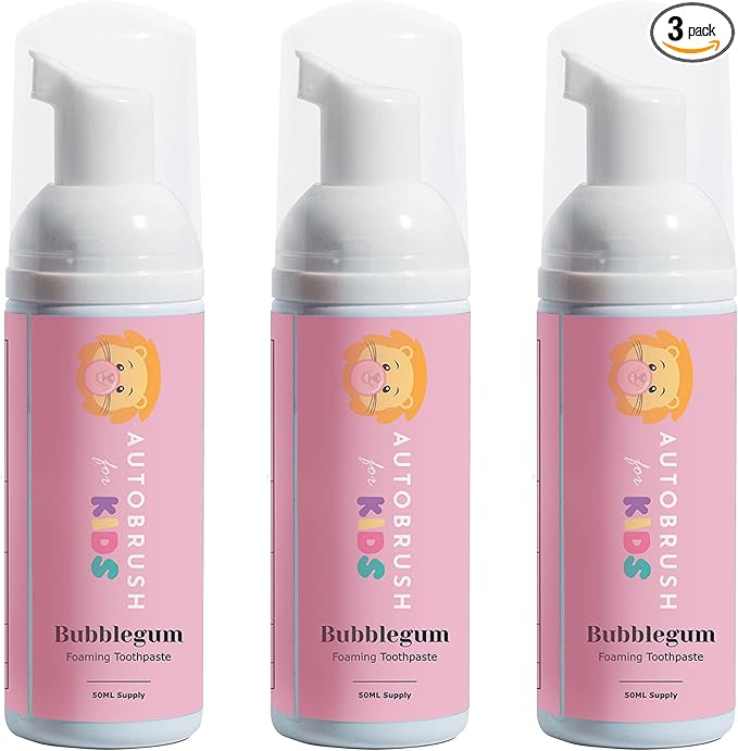 autobrush Kids Fluoride-Free Foaming Toothpaste Bubblegum Flavor for Electric or U-Shaped Toothbrush, SLS-Free, Training Toothpaste, Anti-Cavity (3 Pack)