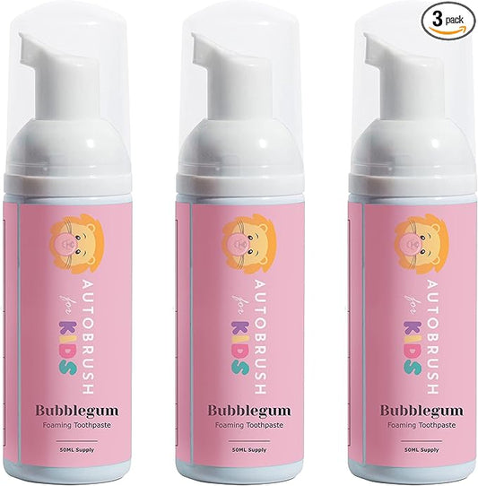 autobrush Kids Fluoride-Free Foaming Toothpaste Bubblegum Flavor for Electric or U-Shaped Toothbrush, SLS-Free, Training Toothpaste, Anti-Cavity (3 Pack)