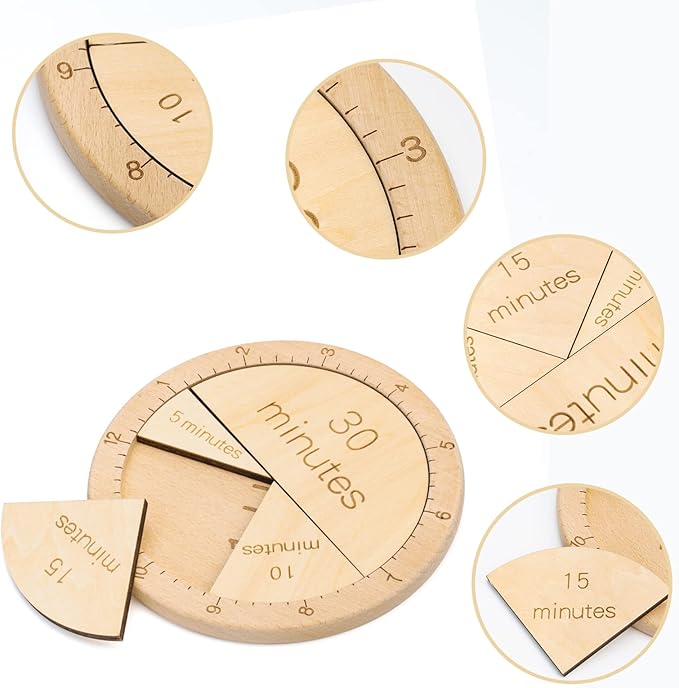 Wooden Montessori Fraction Clock Toy, Math Learning Time Teaching Materials, Set an Hour of Puzzles with Minute Tiles, Learning Clock for Kids