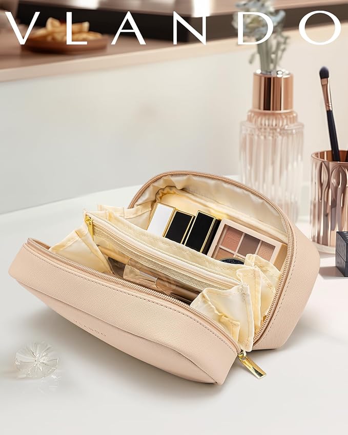 Vlando Small Makeup Pouch,Travel Makeup Bag Gift Ideas for Wife Girls Makeup Pouch for Purse Makeup Brush Holder-Milk Tea