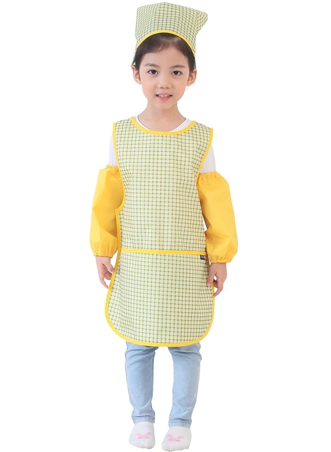 Children Waterproof Artist Painting Aprons or Art Smock 3PCS Set Green Check (17-S)