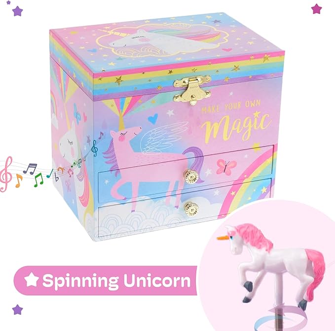 Jewelkeeper Unicorn Musical Jewelry Box for Girls - Cotton Candy Rainbow Design Music Box with 2 Pullout Drawers to Store Earrings, Necklace and Bracelets, Plays The Beautiful Dreamer Tune
