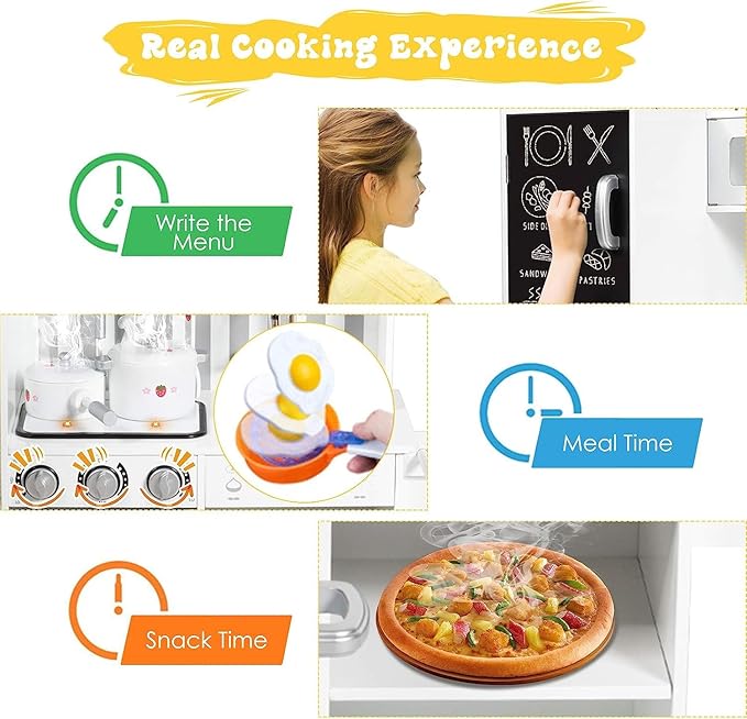 Fireflowery Kids Kitchen Playset, Toddler Kitchen w/Simulated Sound, Accessory Utensils, Blackboard, Sink, Stovetop, Cabinets, Pretend Play Kitchen, Gift for Ages 3+ (Modern)