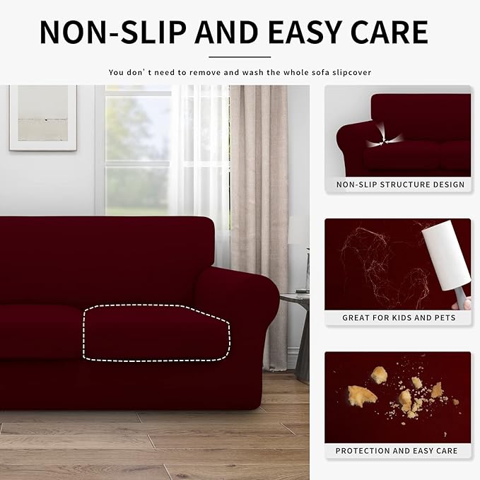 Easy-Going 100% Dual Waterproof Loveseat Cover Stretch Soft Couch Cover for Dogs, Sofa Slipcover for 2 Separate Cushion Couch Leakproof Furniture Protector for Kids, Pets Wine