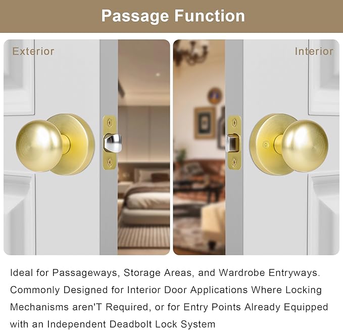 Passage Interior Door Knobs, Gold/Brass Door Knob for Hall and Kitchen, No-Locking Vintage Round Design Door Handle, Zinc Alloy 1 Pack