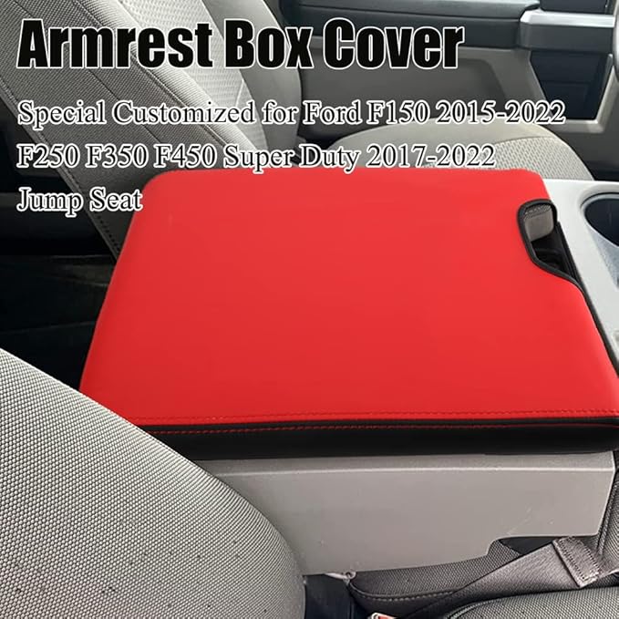 XITER 1PC Leather Center Console Armrest Cover Waterproof Protector Cover for 2015-2026 F150 2017-2026 F250 F350 F450 Super Duty with 40/20/40 Jump Seat(Red+Black)