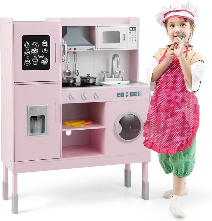KOTEK Play Kitchen with Lights and Sounds, Wooden Toddler Kitchen Playset with Ice Maker, Washing Machine, Range Hood, 16 Pcs Toy Food & Cookware, Gift Chef Pretend Kitchen Set for Kids (Pink)
