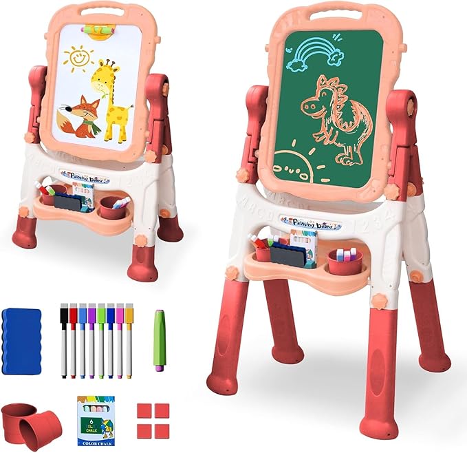 Kids Easel, Adjustable Standing Kids Easels for Toddlers, Double Magnetic Drawing Board with Painting Accessories, Present for Little Boys and Girls Age 4 5, Pink