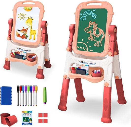 Kids Easel, Adjustable Standing Kids Easels for Toddlers, Double Magnetic Drawing Board with Painting Accessories, Present for Little Boys and Girls Age 4 5, Pink