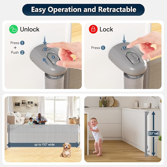 Bulubaky Extra Tall Safety Retractable Baby Gate Adjustable Wide Retractable Dog Gate Mesh Baby Gate Child Gate for Doorway, Hallway, Stair Gates for Kids or Pets (Grey, 33" Tall x 110")