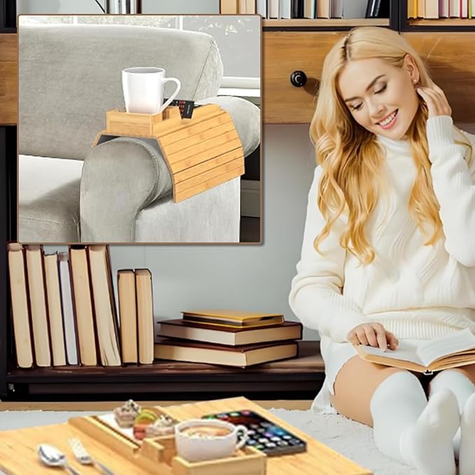 CNQLIS Bamboo Couch Cup Holder - Detachable Sofa Armrest Tray, Anti-Slip Foldable Sofa Table Tray for Drinks, Cellphone, Remote, Snacks, Versatile 2-in-1 Couch Arm Tray Set (Bamboo Colour)