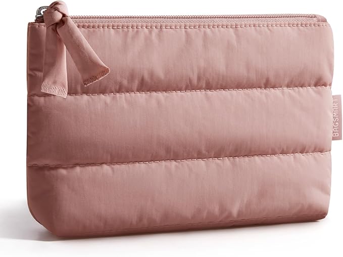 BAGSMART Small Makeup Bag, Puffy Portable Cosmetic Pouch with Charm Zipper, Water-Resistant Travel Organizer for Women (Nude Pink, Small)