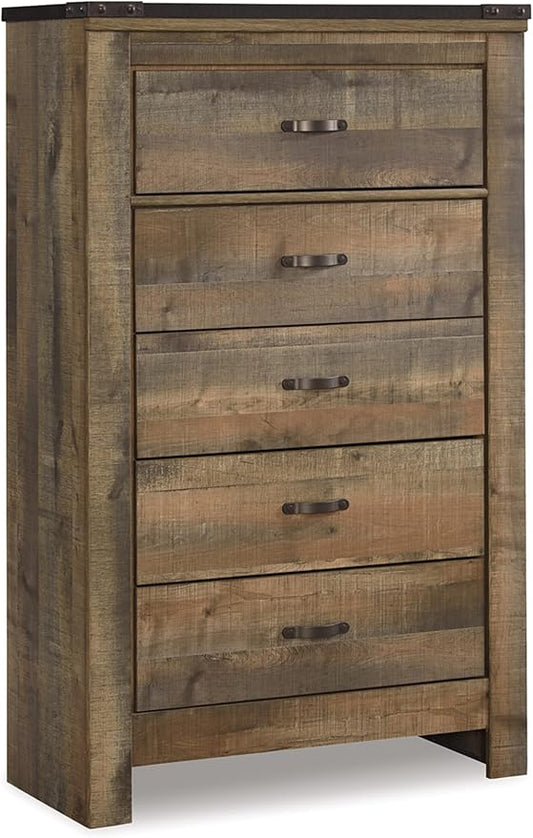 Signature Design by Ashley Trinell Rustic 5 Drawer Chest of Drawers with Nailhead Trim, Warm Brown