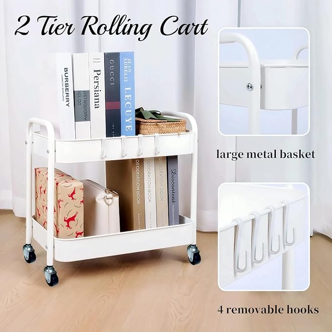 Ufriandz Under Desk Storage Cart 2 Tier Utility Rolling Cart with Wheels, Small Metal Mobile Trolley with Handle Two Tiered Utility Organizer Roller for Kitchen Office Bathroom Pantry Room, White