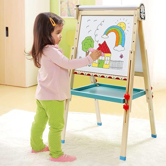 Children's Art Easel with Paper Roll,Double-Sided Whiteboard&Chalkboard,Adjustable Magnetic Standing Easel with Numbers and Other Accessories,Painting Easel for Girls Boys