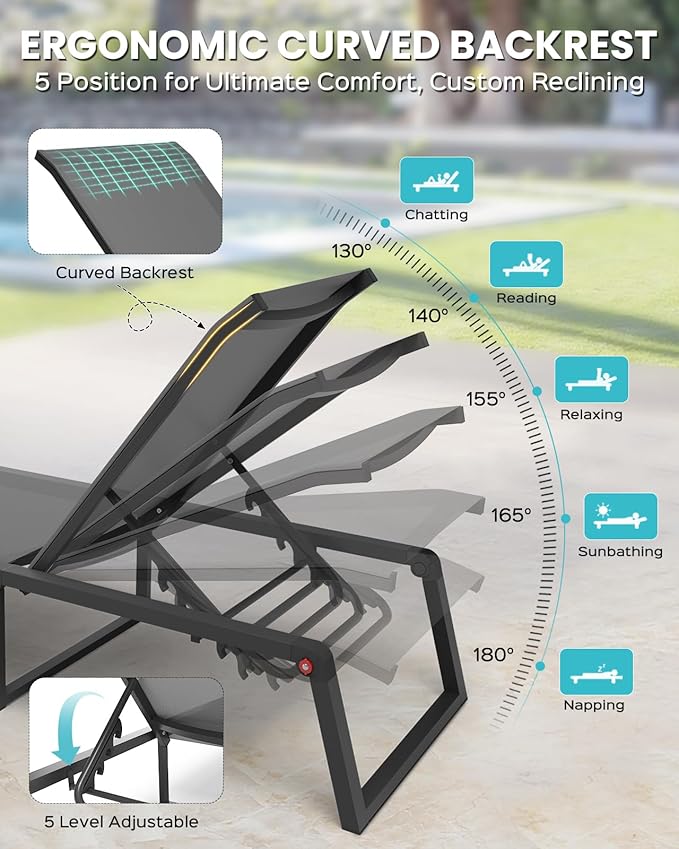 Aluminum Chaise Lounge Chair Outdoor, Foldable & Assembly Free Patio Pool Lounge Chairs 5-Position Recliner for Outside Poolside, Fully Grounded Legs Sun Lounger for Beach, Yard, Dark Grey