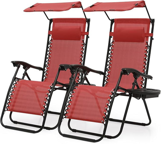 Athena Collection Zero Gravity Outdoor Lounge Chair Set of 2 with Canopy Shade, 25" Width Pool Lounge Lawn Chairs Reclining with Cup Holder, Outdoor Chaise for Beach Patio Outside, Dark Red