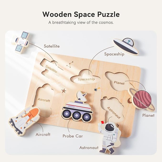 IEATFO 3 Packs Space Ocean Forest Wooden Chunky Puzzles for Toddlers, Wood Puzzles for Kids, Insert Puzzles Each Piece Fits Perfectly, Sturdy and Pegless, Educational Toys
