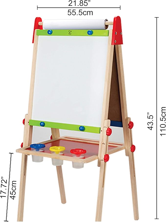 Hape E1010 Magnetic All in 1 Kids Height Adjustable Drawing Dry-Erase Chalkboard Wooden Artist Easel with 3 Paint Pots and Refillable Paper Roll