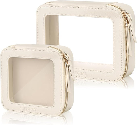 MSTONAL Clear Makeup Bag, Travel Toiletry Bag Cosmetic Case for Women, Waterproof Portable Make Up Skincare Pouch with Zipper, Compact Car Organizer Bag for Essentials, Mini & Medium, Beige