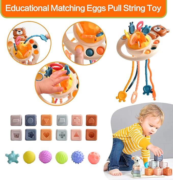 Baby Toys 6 -18 Months，Montessori Toys for Babies 1-2 Years Old,Includes Bear Drawstring Toys, Koala Stacking Blocks & Baby Rattle & 6-Color Squeeze Sensory Balls,Developmental Toys for Children