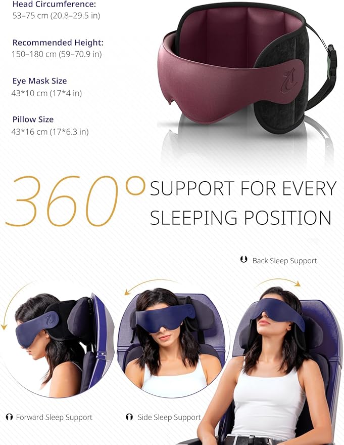 Bonairest Travel Pillow, Airplane Neck Pillow with 3D Eye Mask for Sleeping, Round Edge Plane Head Strap 360°Headrest Support for Long Flight, Stop Bobblehead, Travel Essential for Car Road Trip Red