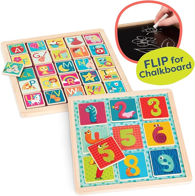 B. toys- Puzzle Pals- Magnetic Wooden Puzzles – Alphabet Puzzle & Number Puzzle – Double-Sided Puzzles & Chalkboards – Educational Toys for Kids – 3 Years +