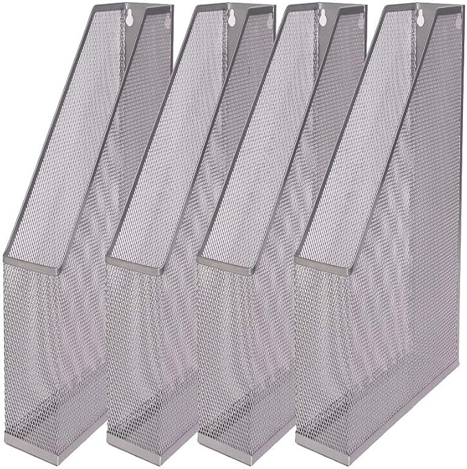 YBM HOME Steel Mesh Wall Magazine File Holder for Home & Office Organization, Serves as a Magazine Rack, Desk Organizer, Letter and Mail Bin, Holds Up to 20 Magazines - 4-Pack Silver, 1111-4