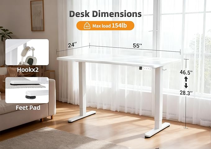 Seang Electric Height Adjustable Standing Desk, 55 x 24 Inch Sit-Stand Desk with T-Shaped Frame, 3 Memory Presets & Cable Management for Home Office Computer Workstation, White Frame/White Top