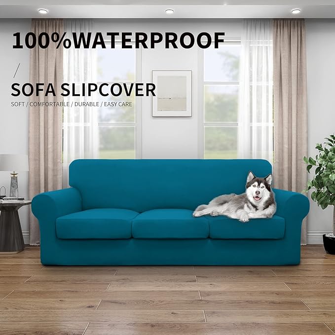 Easy-Going 100% Dual Waterproof Stretch Soft Couch Cover for Dogs, Sofa Slipcover for 3 Separate Cushion Couch Leakproof Furniture Protector for Kids, Pets Peacock Blue