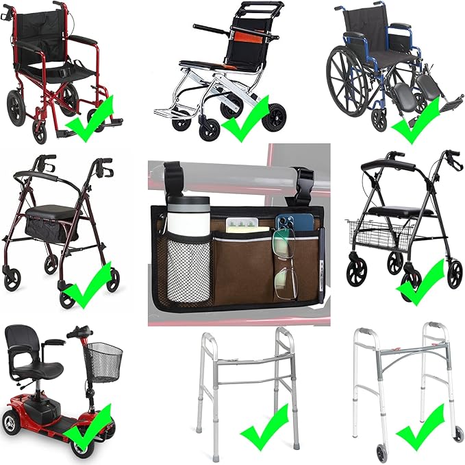 Wheelchair Side Bag, Armrest Storage Pouch with Cup Holder and Reflective Strip Use of Waterproof Fabric, for Most Wheelchairs, Walkers or Rollators (Coffee)