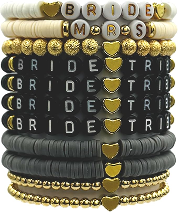 Bachelorette Party Favors, Wedding Gifts, 11 Pcs 6.7 inch Black Bride Tribe Clay Bead Bracelet Preppy Bracelet Stretch for Women Bridal Shower Decorations Party Beach Supplies (White & Black Series)