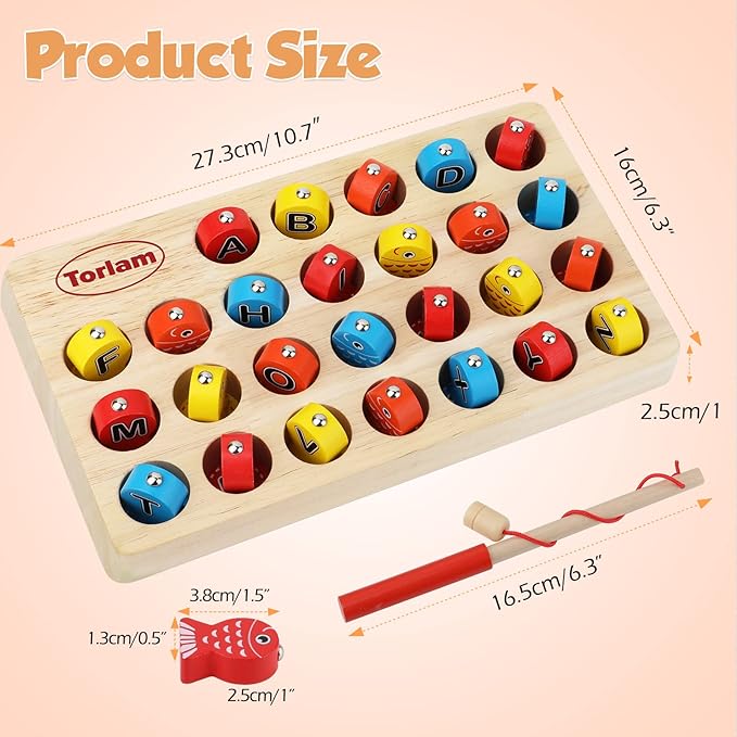 Torlam Magnetic Wooden Fishing Game Toy for Toddlers, Fine Motor Skill Toy ABC Alphabet Learning for Toddlers, Montessori Letters Cognition Preschool with 2 Pole and 8 Activity Cards