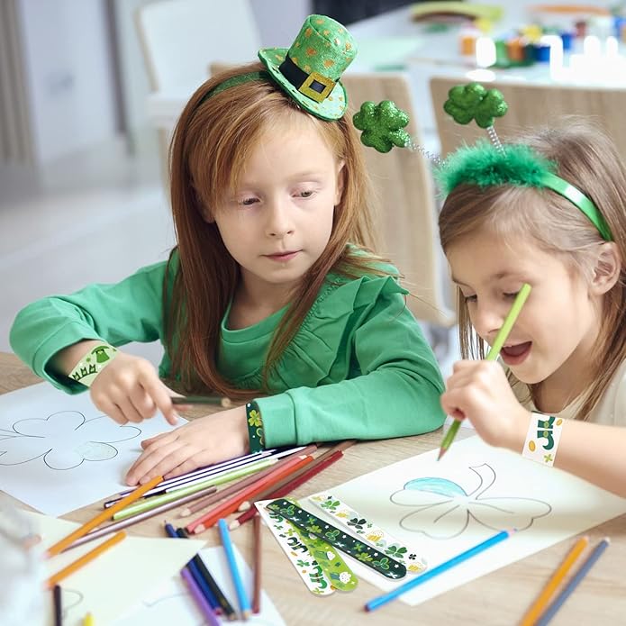 KIMOBER 48PCS St. Patrick's Day Slap Bracelets,Green Snap Wristbands with Sharmrock Cauldron for Kids Party Favors