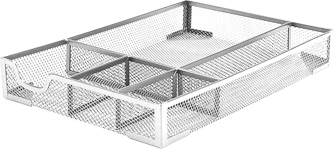 Aramox Desk Drawer Organizer Tray, 5 Compartment Metal Mesh Storage Tray Desktop Organizer with Non Slip Rubber Pads for Office & Home, 31.5x21.5x4.5cm (Silver)