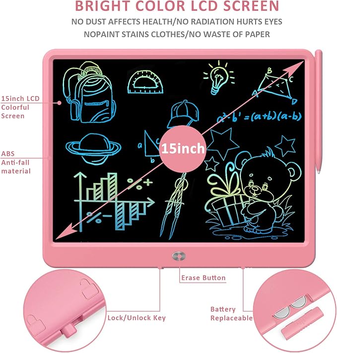 FLUESTON LCD Writing Tablet, Doodle Board Toys Gifts for 3-8 Year Old Girls Boys, 15 Inch Colorful Electronic Board Drawing Pad for Kids, Gifts for Toddler Educational Learning Travel Birthday, Pink