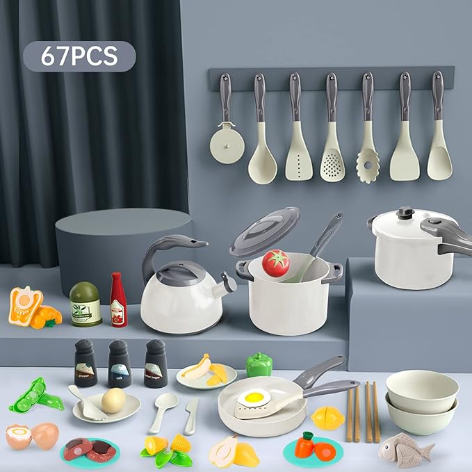 Bruvoalon 67Pcs Kids Play Kitchen Toys Set, Toddlers Pretend Cooking Playset Acccessories with Pots Pans, Utensils Cookware, Foods, Canned Veges, Learning Gift for Kids Girls Boys (White)