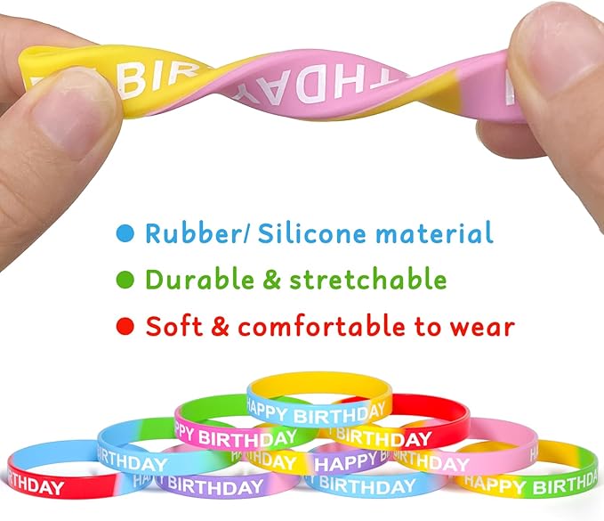 CHRORINE Happy Birthday Rubber Bracelets 12 Styles Silicone Wristbands for Classroom Birthday Party Favors 24 Pieces