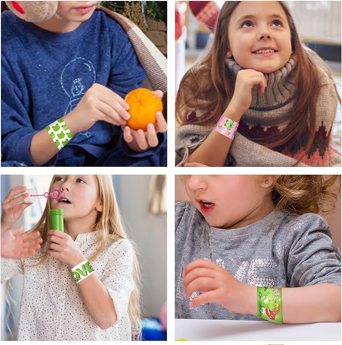 48 PCS Frog Slap Bracelets Party Favors, Frog Wristbands Bracelets Goodie Bag Fillers for Frog Birthday Party Decorations Supplies Gifts for Kids Boys Girls Classroom Rewards