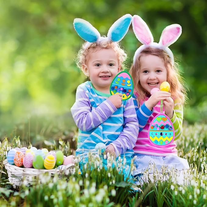 24 Sets Easter Egg Ornaments Decorations DIY 3D Easter Craft Kits Assorted Foam Easter Egg Shaped Ornaments Easter Stickers Pom-poms for Kids Party Favors Easter Spring Classroom Activity Art Project