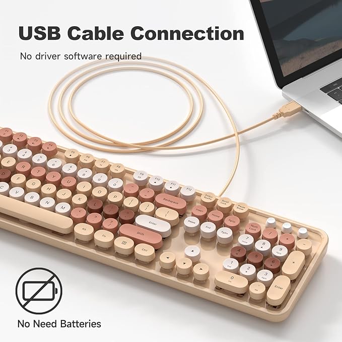 Computer Keyboard Wired, Plug Play USB Retro Round Typewriter Keyboard, Full Size Wired Keyboard with Foldable Stands for Laptop and Office PC- Milk Tea Colorful