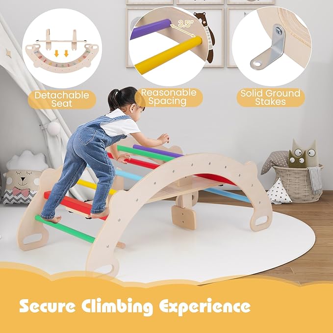 HONEY JOY Wooden Rocking Climbing Arch, 4-in-1 Montessori Kids Arch Rocker Climber Ladder for Rocking Horse, Children Indoor Outdoor Gym Learning Playset, Playground Climbing Toys for Toddlers Gift