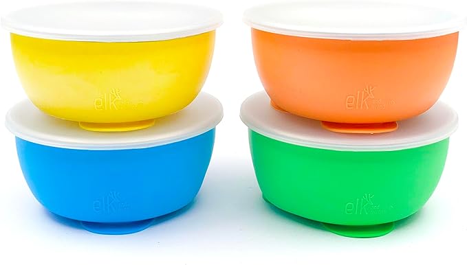 Elk and Friends Stainless Steel Bowls with Silicone Sleeve for Babies & Toddlers | Lids Included | Stay Put Suction | Cereal & Snack Bowls | 4 Pack