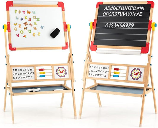 Costzon 3 in 1 Kids Art Easel, 360°Rotating Double-Sided Wood Easel w/Magnetic Whiteboard, Chalkboard & Paper Roll, Large Storage Tray, Alphabet Abacus, Standing Drawing Board for Toddlers Boys Girls