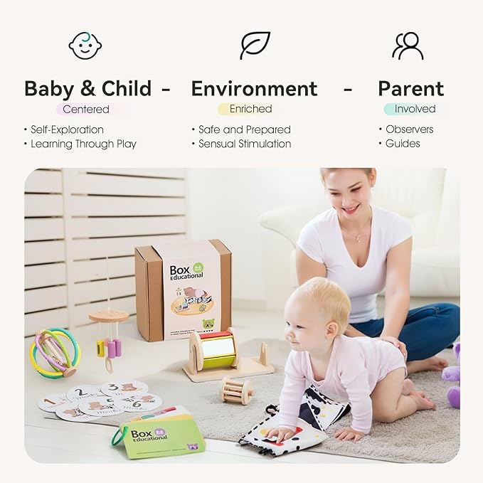 IEATFO Montessori Toys for Babies 0-6 Months, 6-in-1 Newborn Tummy Time Playful Learning Toys with Mobile, Black & White Soft Book, Spinning Rainbow Drum and Rolling Bell, Teether Rattle and More